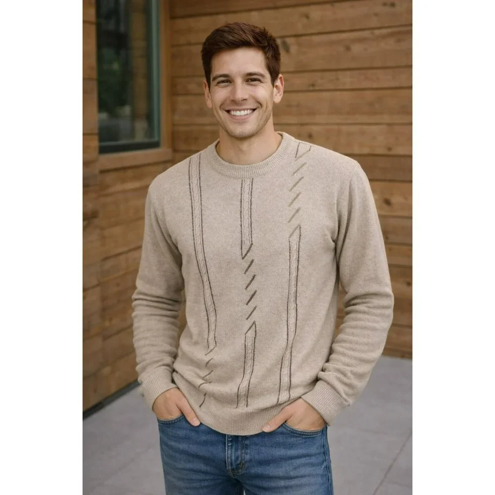 Oxford Lambswool Sweater Beige Large Mens Vintage Grandpa
